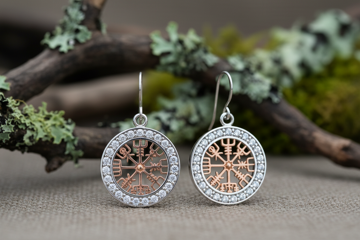 vkngjewelry Pendant 925 Sterling Silver with Rose Gold Vegvisir Earring