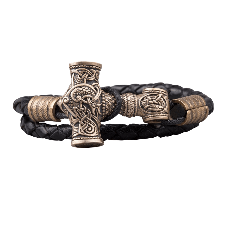 vkngjewelry Bracelet Large Thor Hammer Bronze Leather Bracelet
