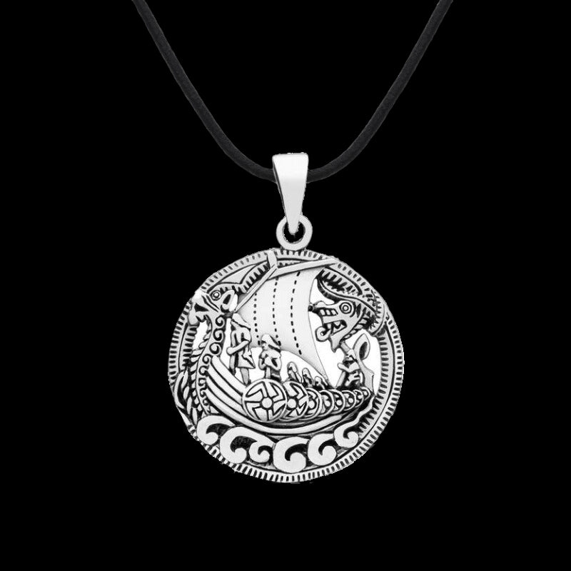 vkngjewelry Pendant Drakkar Longship Circle Sterling Silver Pendant