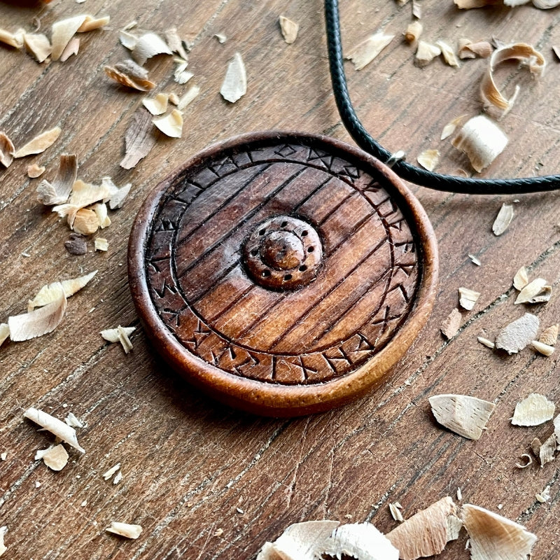 vkngjewelry Pendant Handcarved Unique Viking Shield Runes Pendant