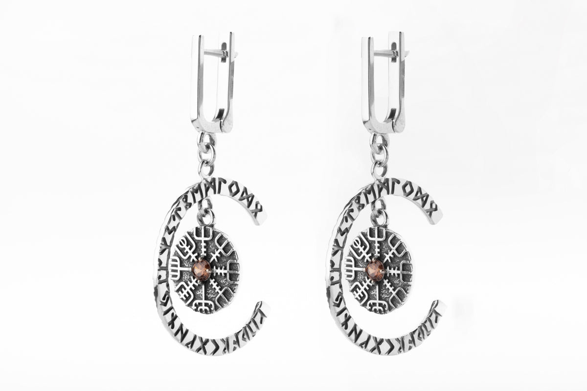 vkngjewelry Earrings Handcrafted Silver Rune Earrings with Vegvisir Symbol