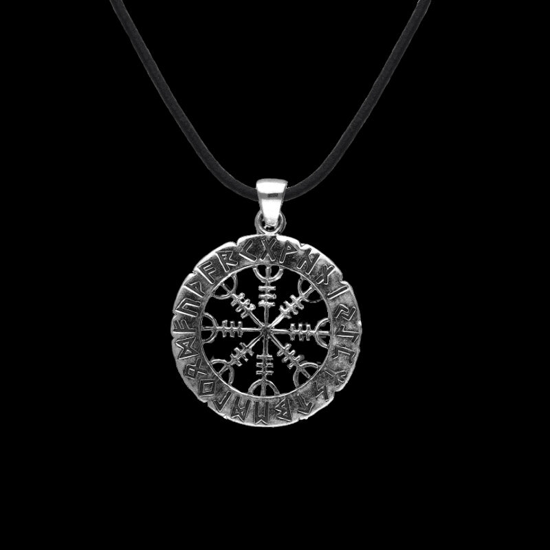 vkngjewelry Pendant Helm of Awe Symbol with Elder Futhark Runes Sterling Silver