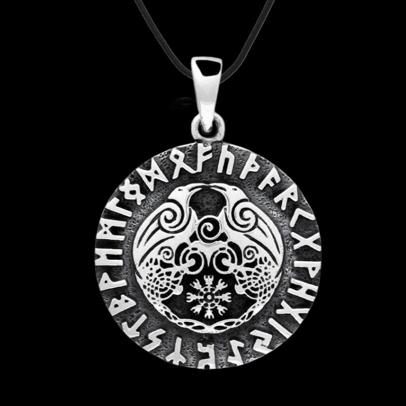 vkngjewelry Pendant Huginn and Muninn Raven Helm of Awe Runes 925 STERLING SILVER PENDANT