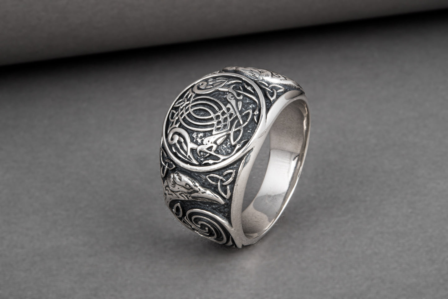 vkngjewelry Ring Handcrafted Hugin Munin Ancient Ravens Side Sterling Silver Ring