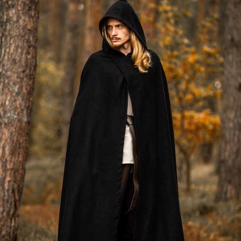 vkngjewelry Apparel & Accessories Medieval Hooded Cloak Thorian Wool black
