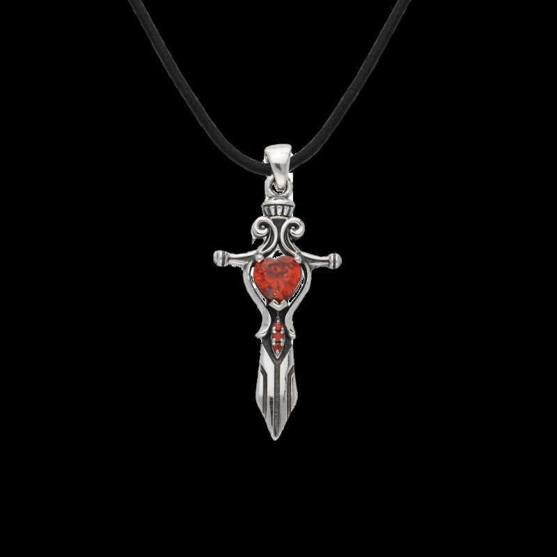 vkngjewelry Pendant Handcrafted Norse Sword Red Cubic Heart Zirconia Sterling Silver Pendant