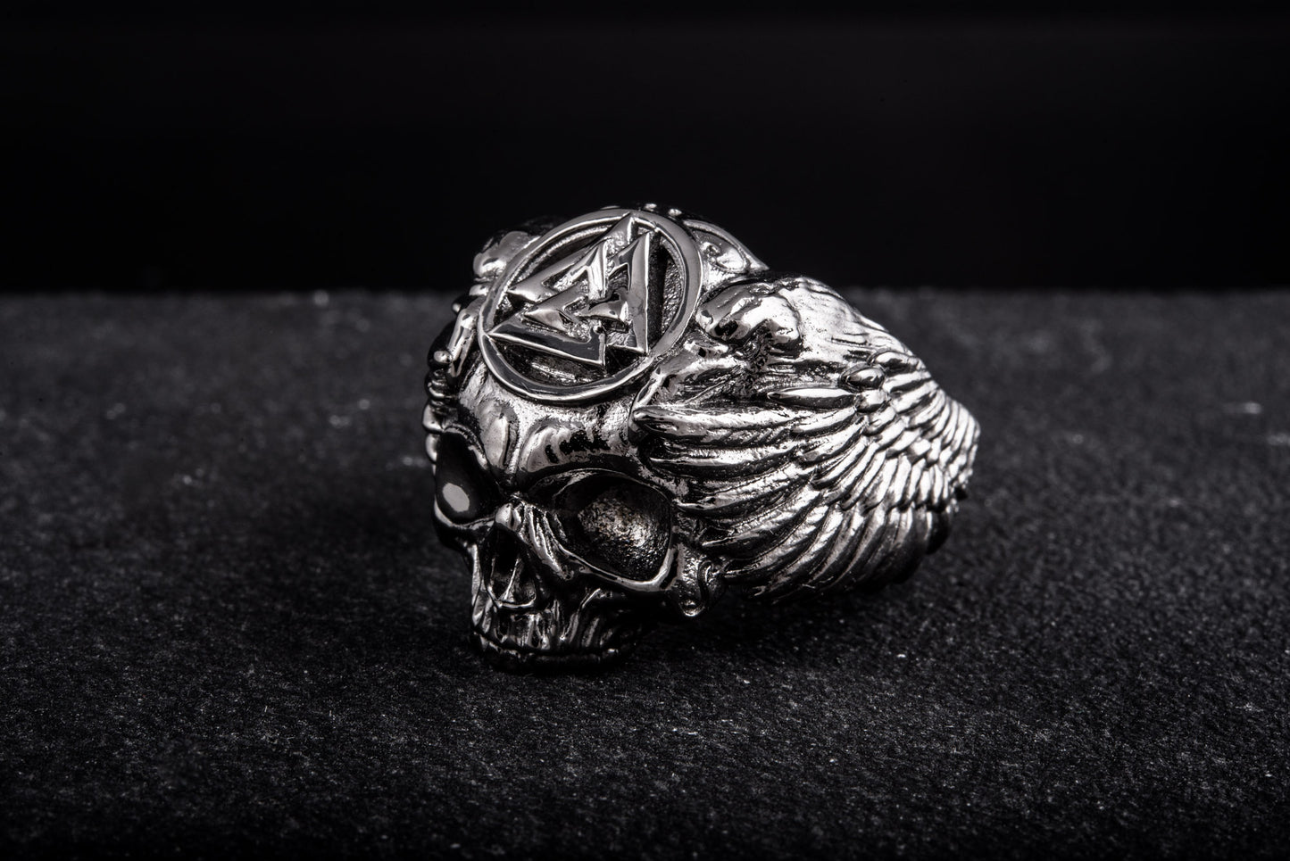 vkngjewelry Ring Handcrafted Odin's Skull Valknut Ruthenium Plated Sterling Silver Ring