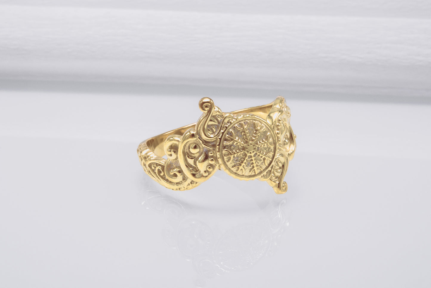 vkngjewelry Ring Handcrafted Ring With Helm Of Awe Symbol And Wolf Ornament Sterling Silver Viking Jewelry