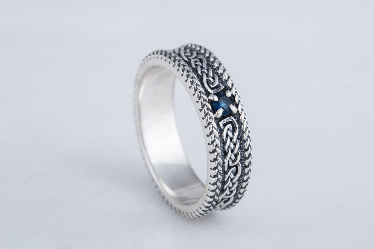 vkngjewelry Ring Sterling Silver Viking Ring with Ornament Handcrafted Gemstone Band