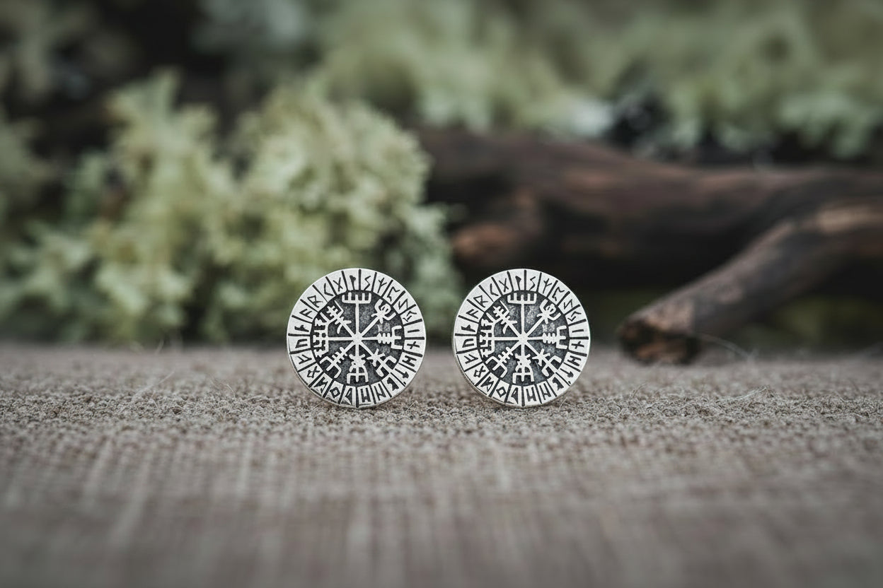 vkngjewelry Earring Sterling Silver Viking Vegvisir With Runes Stud Earrings Set