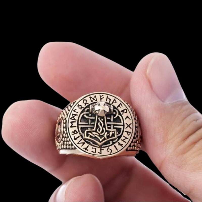 vkngjewelry Bagues Thor Hammer Runic Bronze Ring