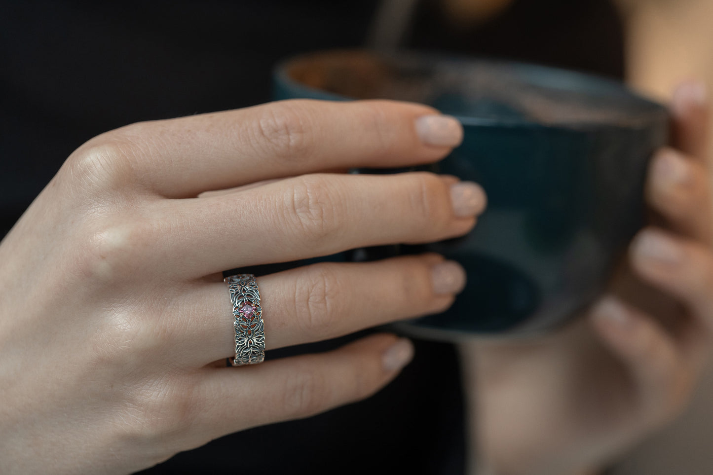 vkngjewelry Rings Triquetra Silver Ring with Garnet, Norse Wedding Jewelry