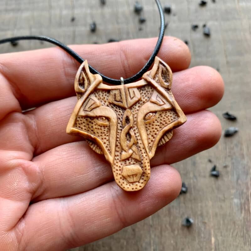 vkngjewelry Pendant Unique Olive Wood Fenrir Head Pendant