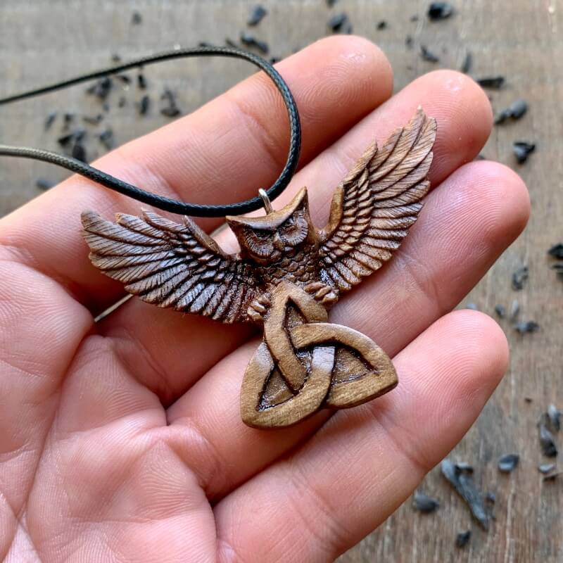 vkngjewelry Pendant Unique Wood Barn Owl and Triquetra Pendant