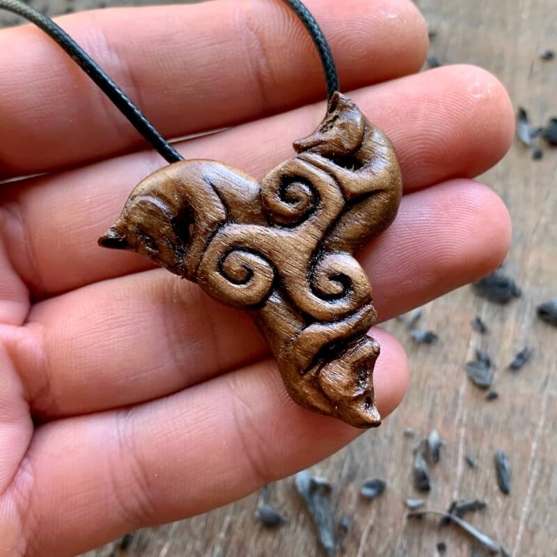 vkngjewelry Pendant Unique Wood Three Foxes and Triskelion Pendant