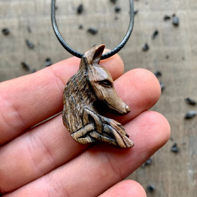 vkngjewelry Pendant Unique Walnut Wood Celtic Fox Head Triquetra Pendant