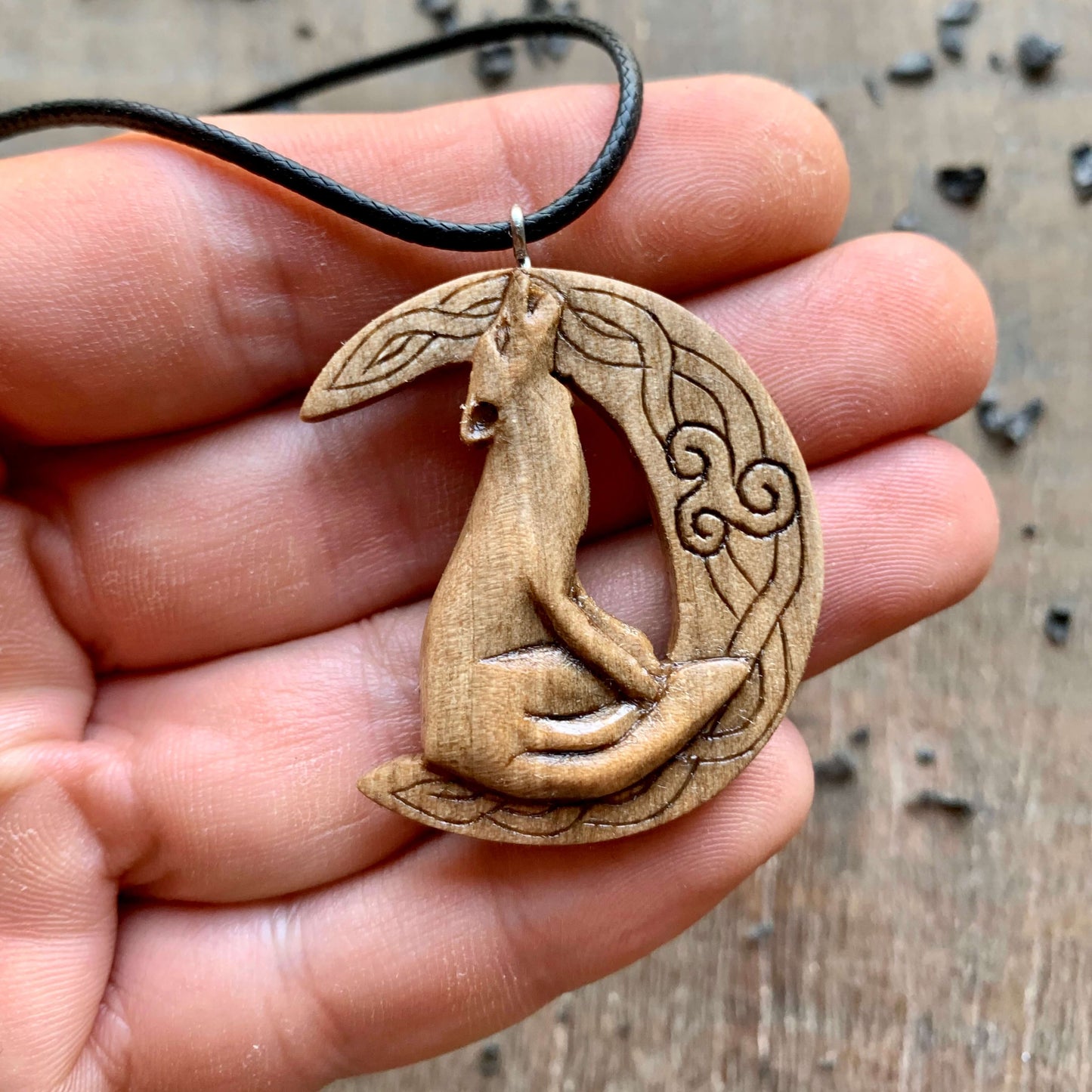 vkngjewelry Pendant Unique Walnut Wood Celtic Wolf On The Moon With Triskelion Pendant Style 1