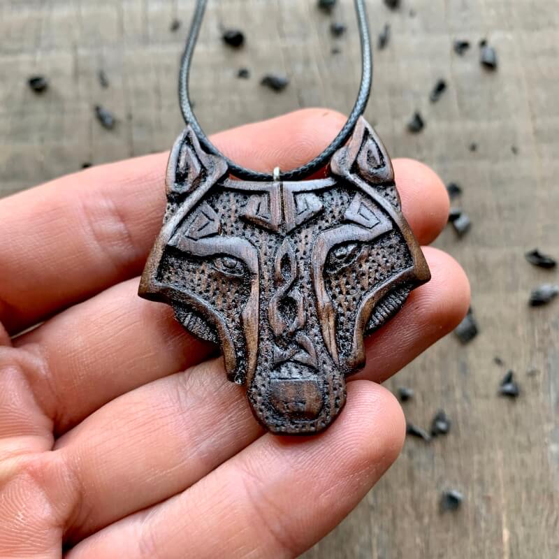 vkngjewelry Pendant Unique Walnut Wood Fenrir Head Pendant