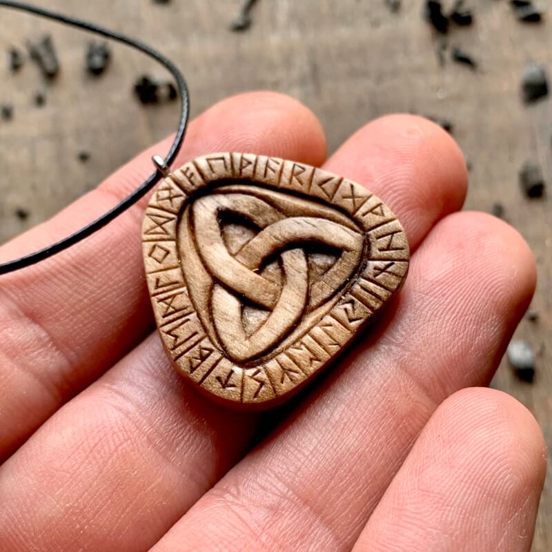 vkngjewelry Pendant Unique Walnut Wood Runes Triquetra Pendant