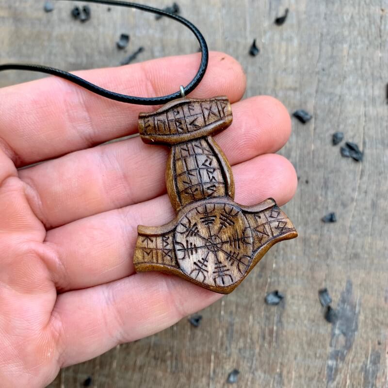 vkngjewelry Pendant Unique Walnut Wood Runic Mjolnir Helm of Awe Pendant