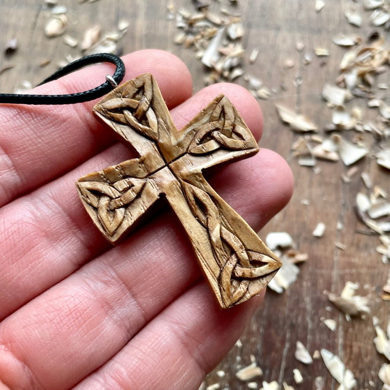 vkngjewelry Pendant Handcarved Unique Wood Celtic Cross Triquetra Pendant