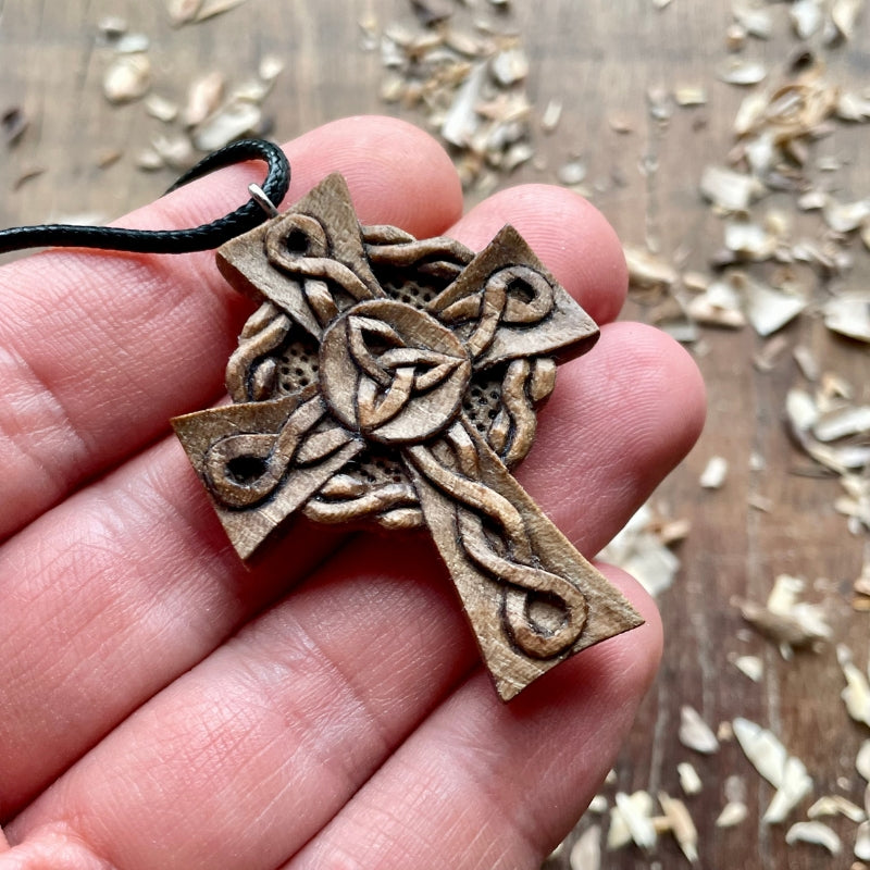 vkngjewelry Pendant Handcarved Unique Wood Celtic Knots Cross Triquetra Pendant Style 2