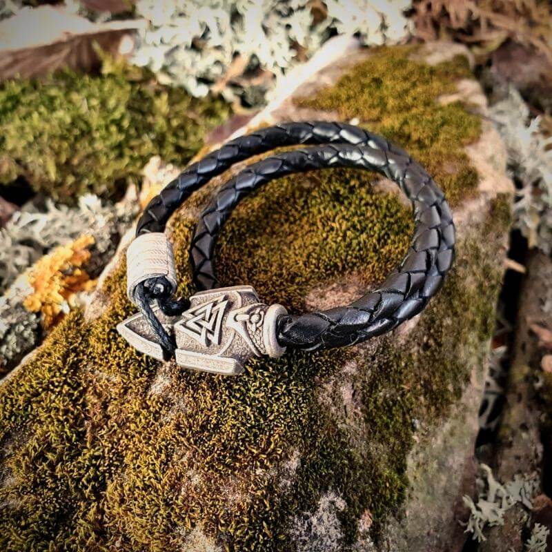 vkngjewelry Bracelet Valknut Odin's Spear Silvered Leather Bracelet