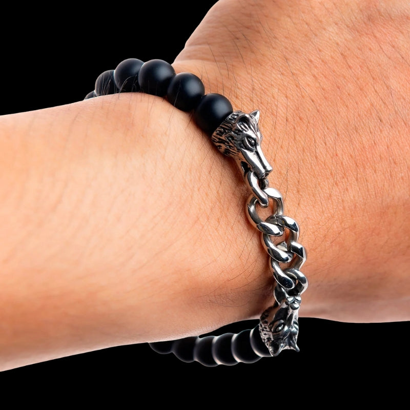 vkngjewelry Bracelet Viking Wolf With Black Onyx Beads Bracelet