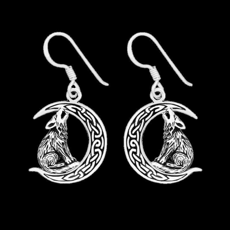 vkngjewelry Earring Wolf on Crescent Moon 925 Sterling Silver Earrings