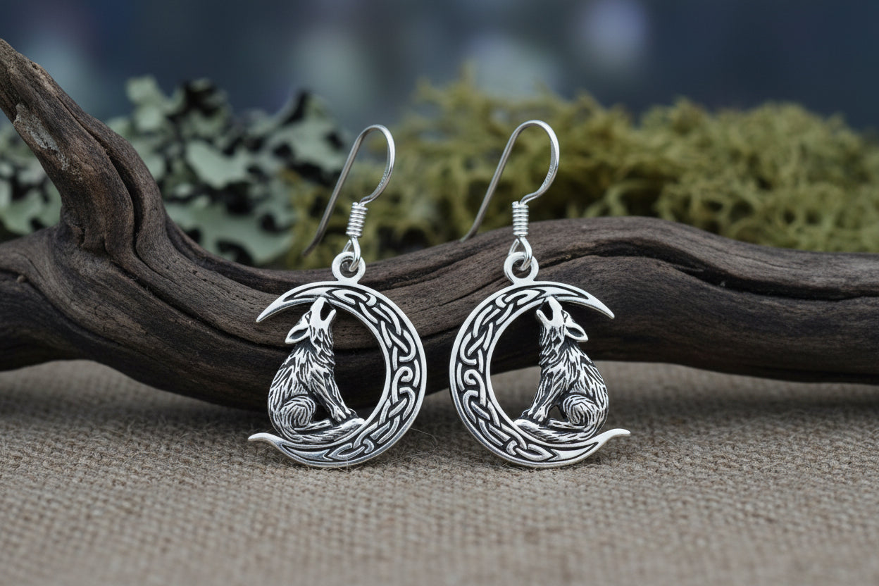 vkngjewelry Earring Wolf on Crescent Moon 925 Sterling Silver Earrings