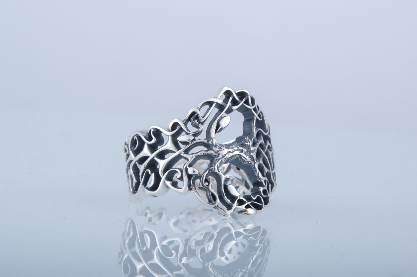 vkngjewelry Ring Handcrafted Yggdrasil with Ornament Sterling Silver Ring