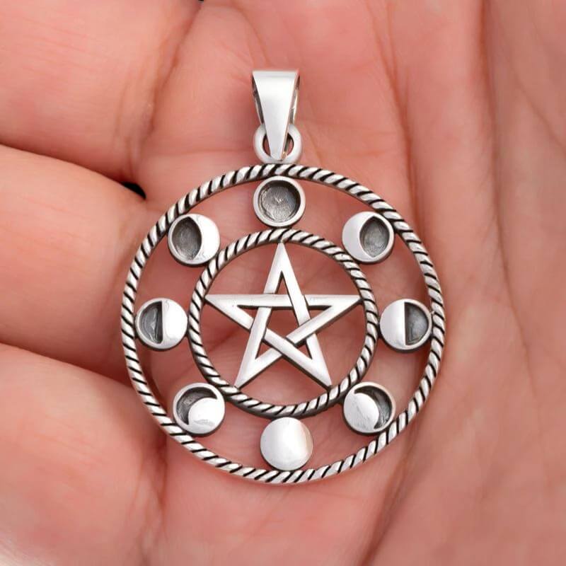 vkngjewelry Pendant 8 Moon Phases With Pentagram 925 Sterling silver Pendant