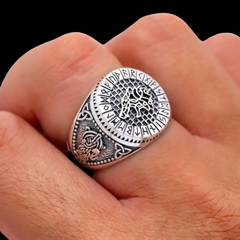 vkngjewelry Bagues 925 Sterling Silver Viking Wolf and Norse Runes Ring