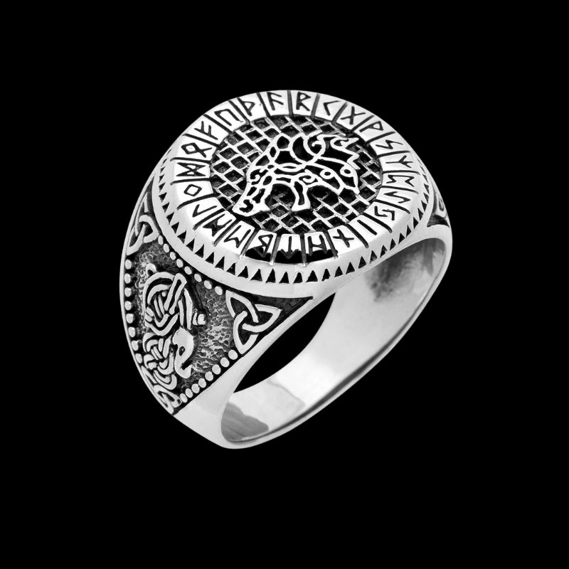 vkngjewelry Bagues 925 Sterling Silver Viking Wolf and Norse Runes Ring