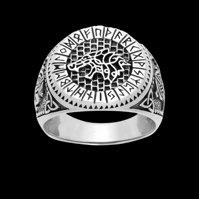 vkngjewelry Bagues 925 Sterling Silver Viking Wolf and Norse Runes Ring