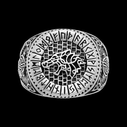 vkngjewelry Bagues 925 Sterling Silver Viking Wolf and Norse Runes Ring