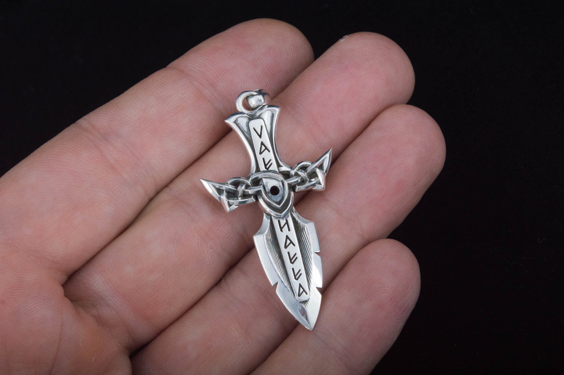 vkngjewelry Pendant Handcrafted Valhalla Sword Runes and Cubic Zirconia Sterling Silver Pendant