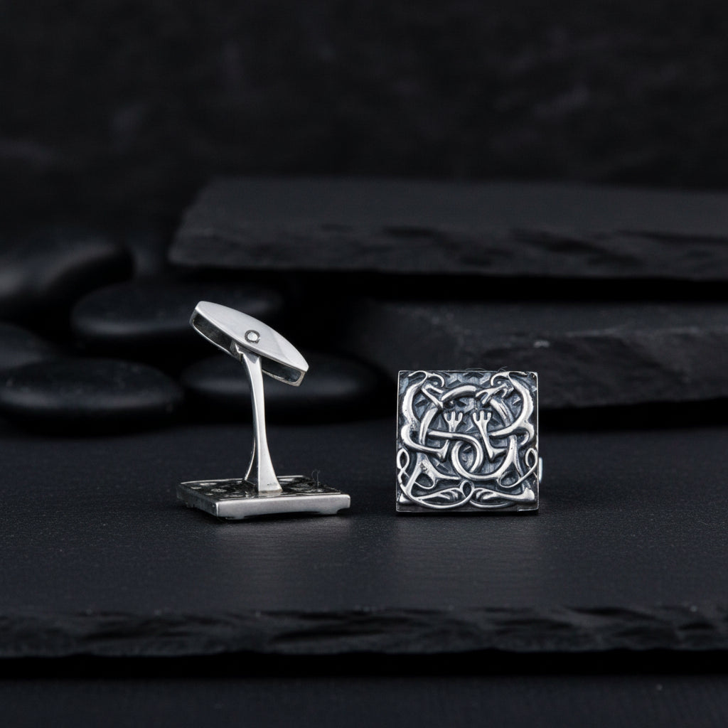 Gemelos de plata esterlina cuadrados v3 de adorno nórdico único hecho a mano