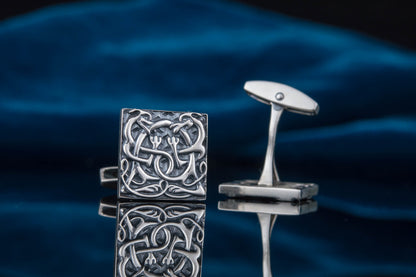 Gemelos de plata esterlina cuadrados v3 de adorno nórdico único hecho a mano