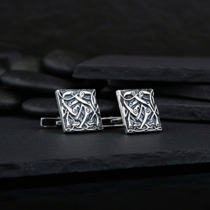 Gemelos únicos de plata de ley con adorno nórdico cuadrado v2