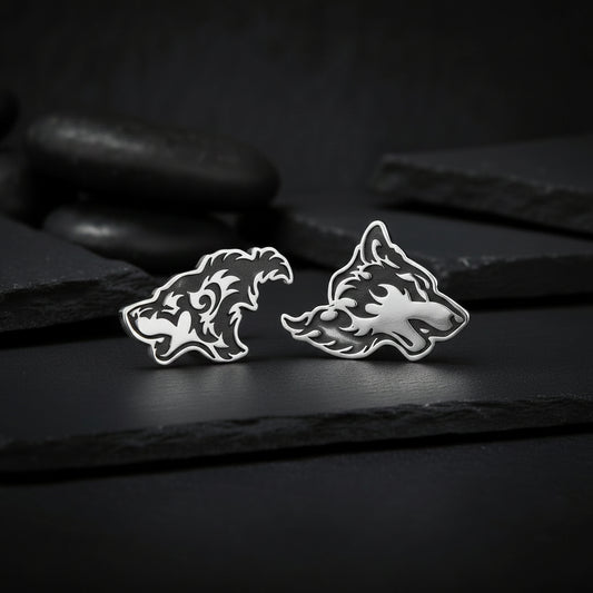 Gemelos de plata esterlina con cabeza de lobo hechos a mano