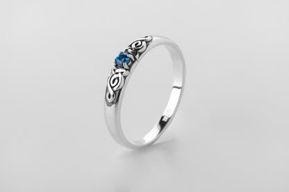 vkngjewelry Rings Silver Celtic Wedding Ring with Topaz, Handcrafted Norse Band