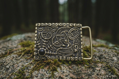 Elder Futhark Rune Brass Buckle with Urnes Style Pattern