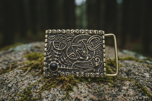 Elder Futhark Rune Brass Buckle with Urnes Style Pattern