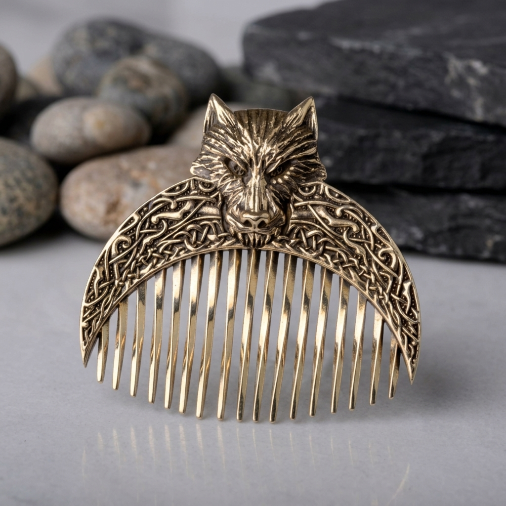Handcrafted Wolf Solid Brass Beard Comb