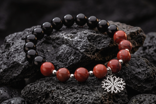 vkngjewelry Bracelet Natural Stone Bracelet with Red Jasper, Black Agate, Hematite & Helm of Awe Charm