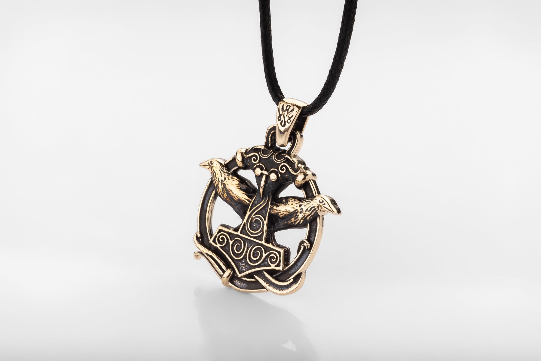 vkngjewelry Pendant Handmade Brass Thor’s Hammer Pendant with Huginn and Muninn Ravens