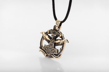 vkngjewelry Pendant Handmade Brass Thor’s Hammer Pendant with Huginn and Muninn Ravens