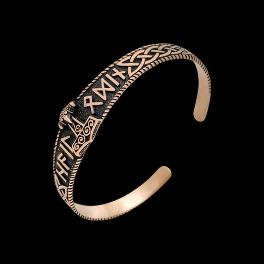 Mjolnir with Hail Odin Runes Bronze Bangle