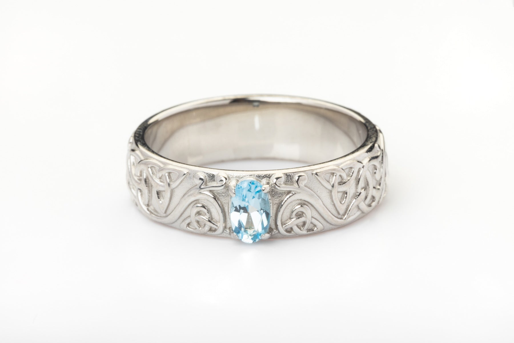vkngjewelry Ring Gold Celtic Knot Ring with Sky Blue Topaz, Norse Wedding Style